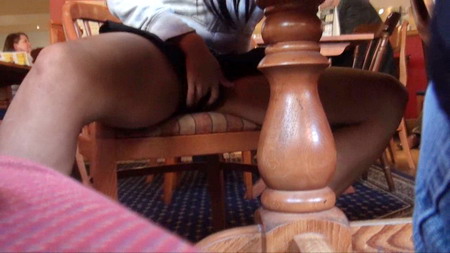Teen Candys ebony upskirts and voyeur masturbation in a pub whilst flashing her naked pussy from under the table and moaning loudly with pleasure as she touches herself from UK Flashers