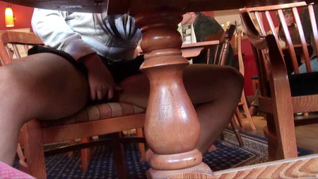 Teen Candys ebony upskirts and voyeur masturbation in a pub whilst flashing her naked pussy from under the table and moaning loudly with pleasure as she touches herself from UK Flashers