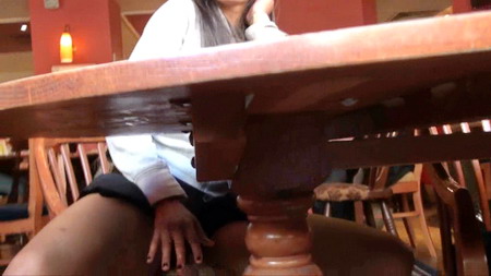 Teen Candys ebony upskirts and voyeur masturbation in a pub whilst flashing her naked pussy from under the table and moaning loudly with pleasure as she touches herself from UK Flashers