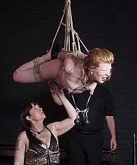 Suspension bondage and tit torture of lesbian slaveslut Madison in extreme nipple pain and flying restraints under the control of mistress Jay from Shadow Slaves