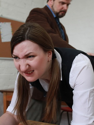 Pandora Blakes detention house schoolgirl spanking and painful fantasy strapping of english fetish model in red striped bare bottom trashing from Nimues World